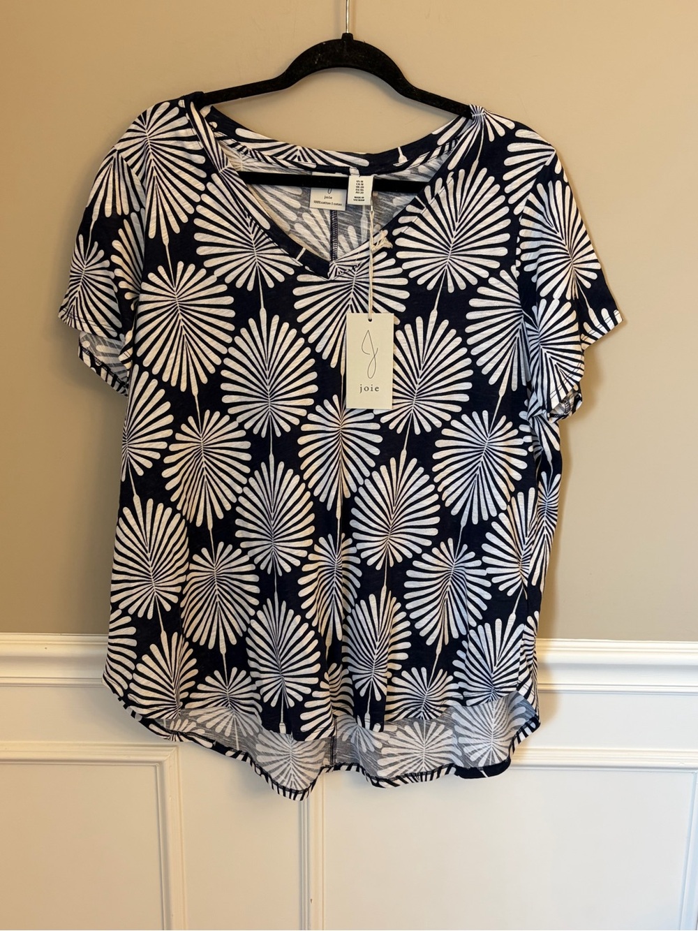 Joie Navy White Palm Print V-Neck Short Sleeve Top, 1X, Resort Coastal Tropical
